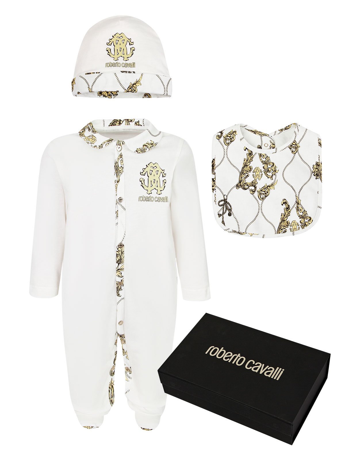 Комплект из комбинезона, слюнявчика и шапочки с принтом