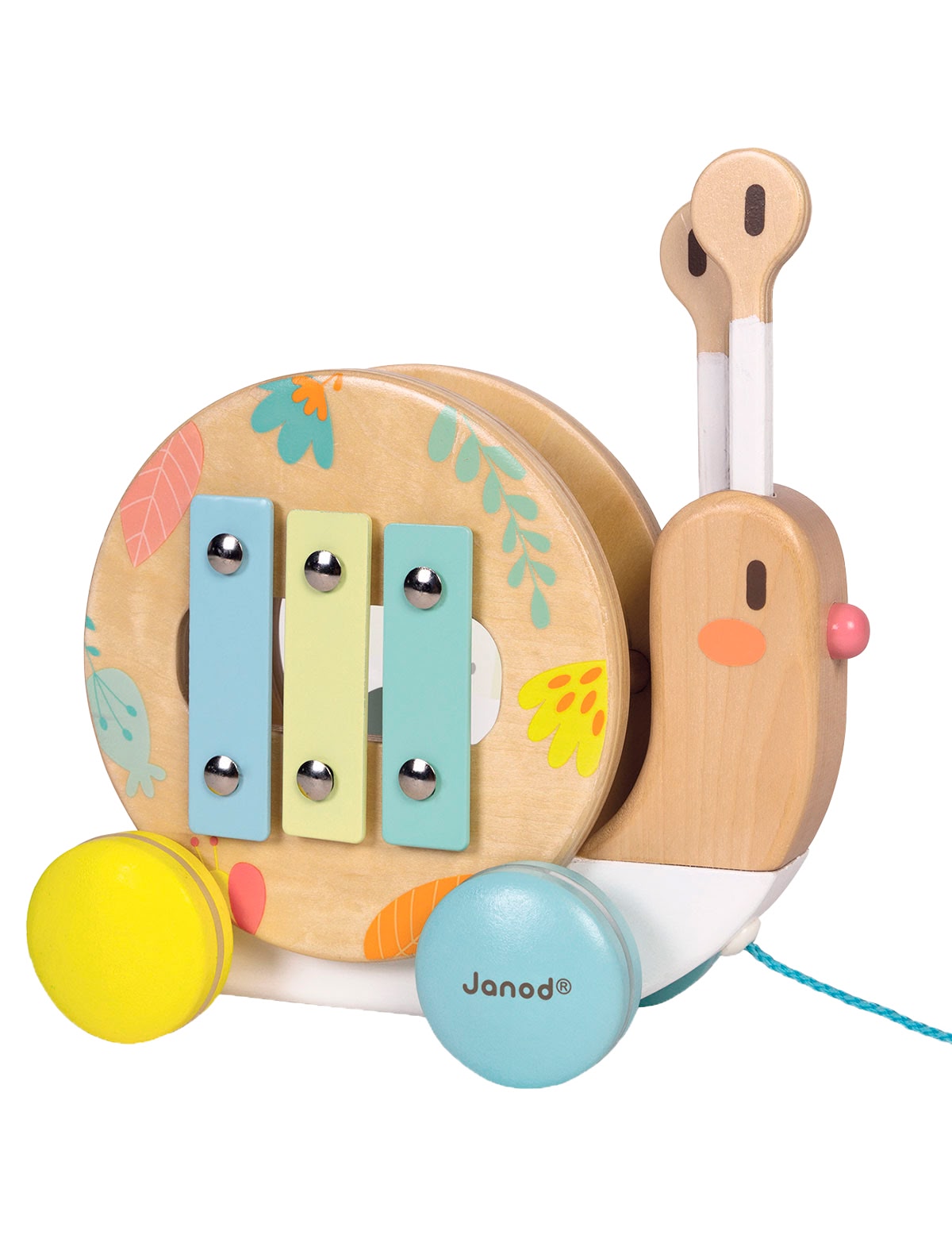 Каталка на веревочке "Улитка" с ксилофоном и барабаном