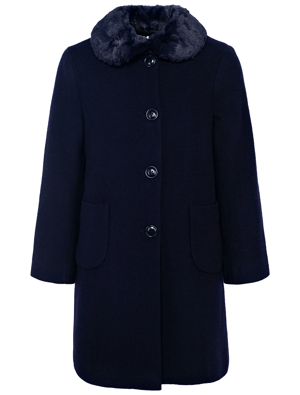 Синее пальто с пушистым воротником