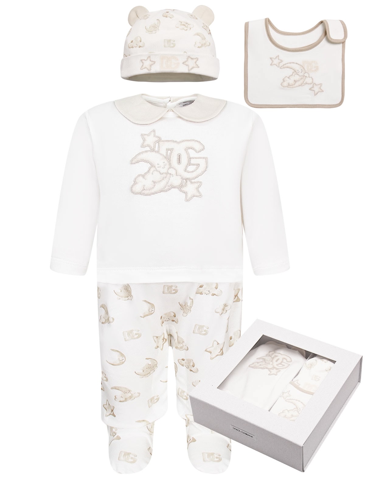 Комплект из комбинезона, слюнявчика и шапочки  с принтом