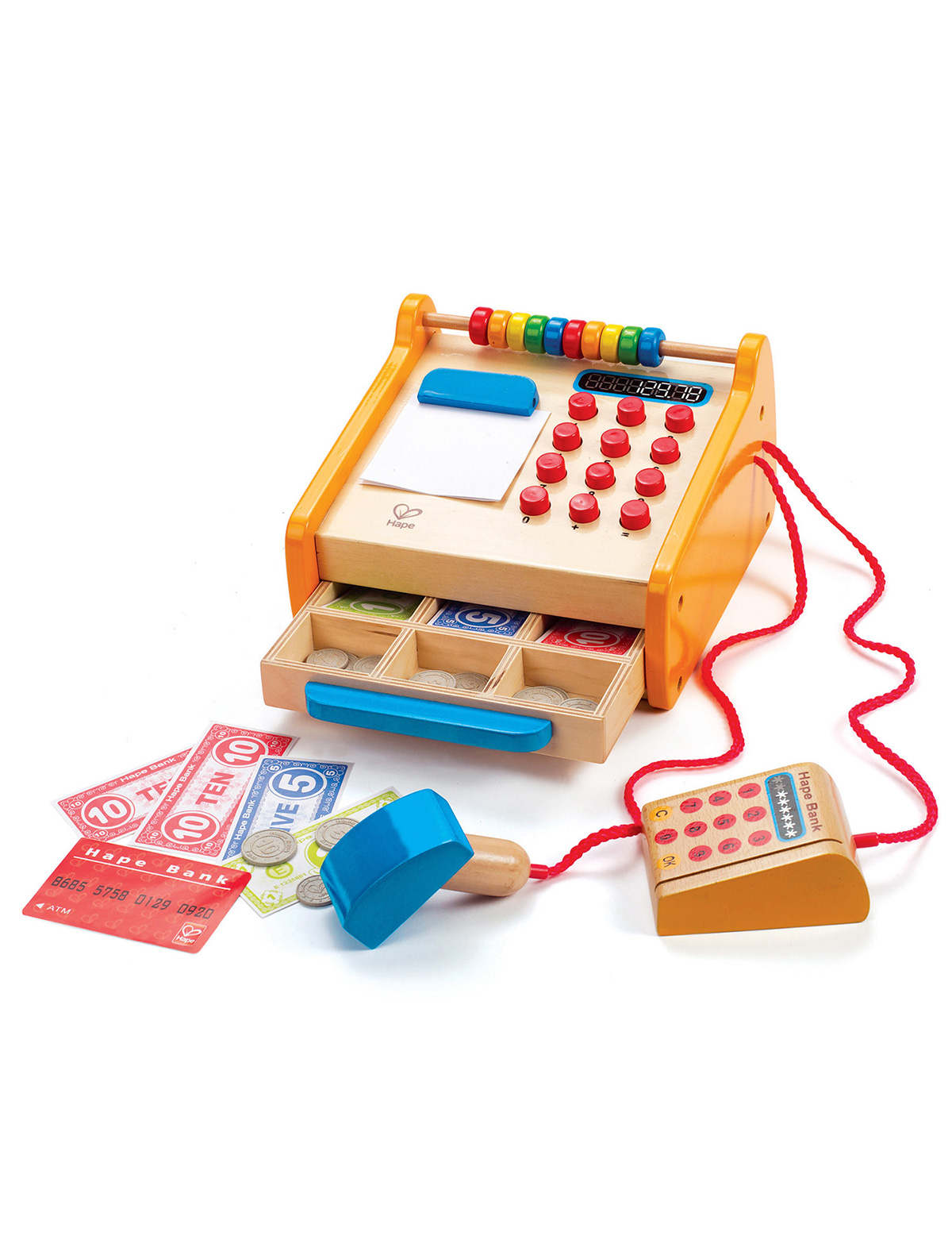Игрушка Hape hape деревянная касса с набором наклеек и калькулятором