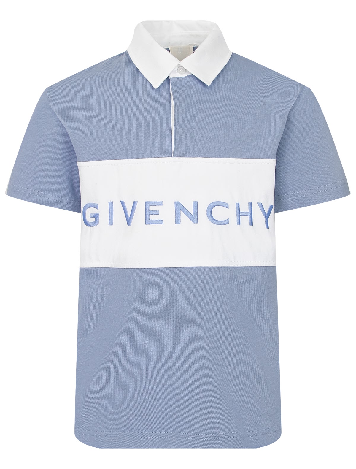 Бело-голубое поло с логотипом