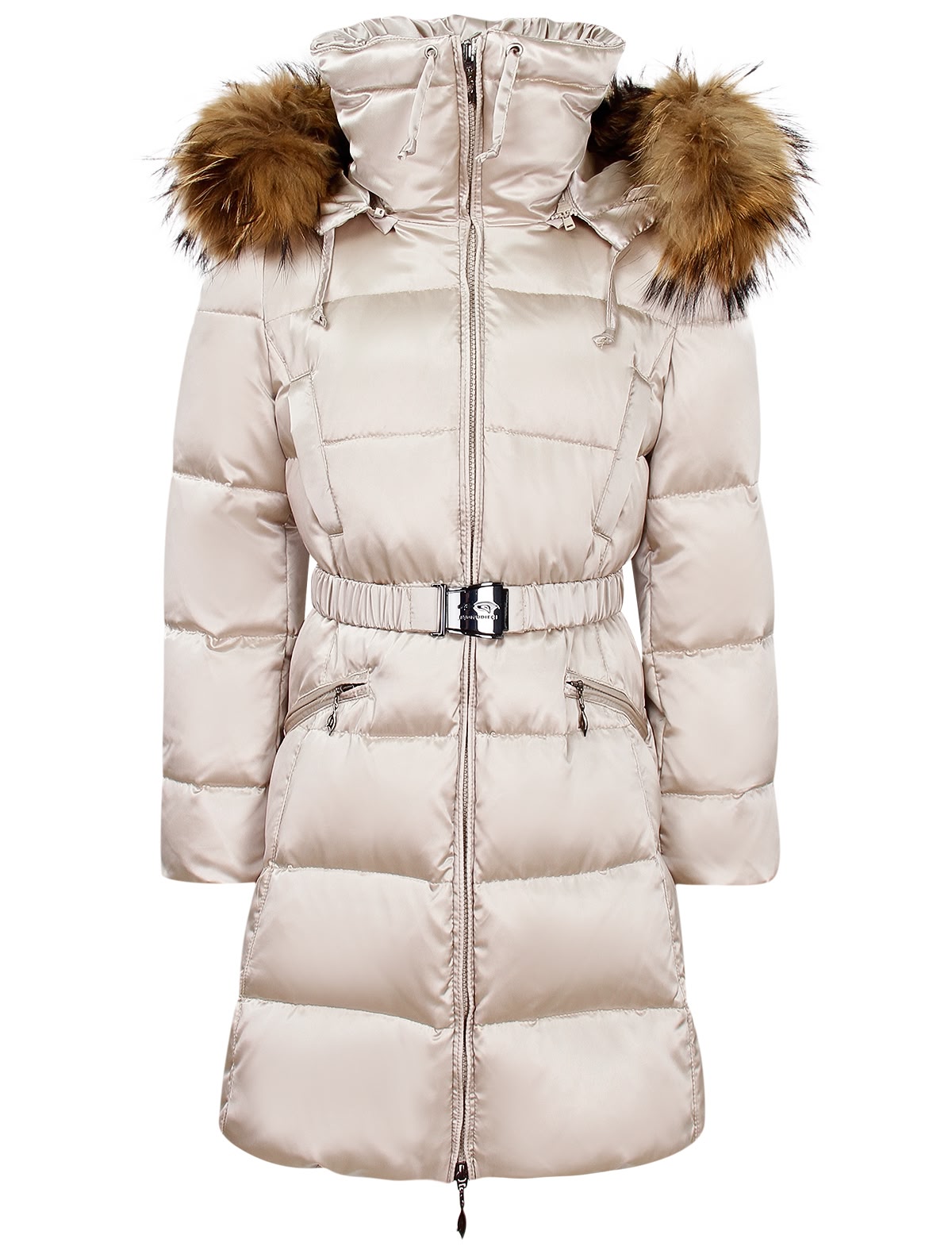 Бежевое пуховое пальто с поясом