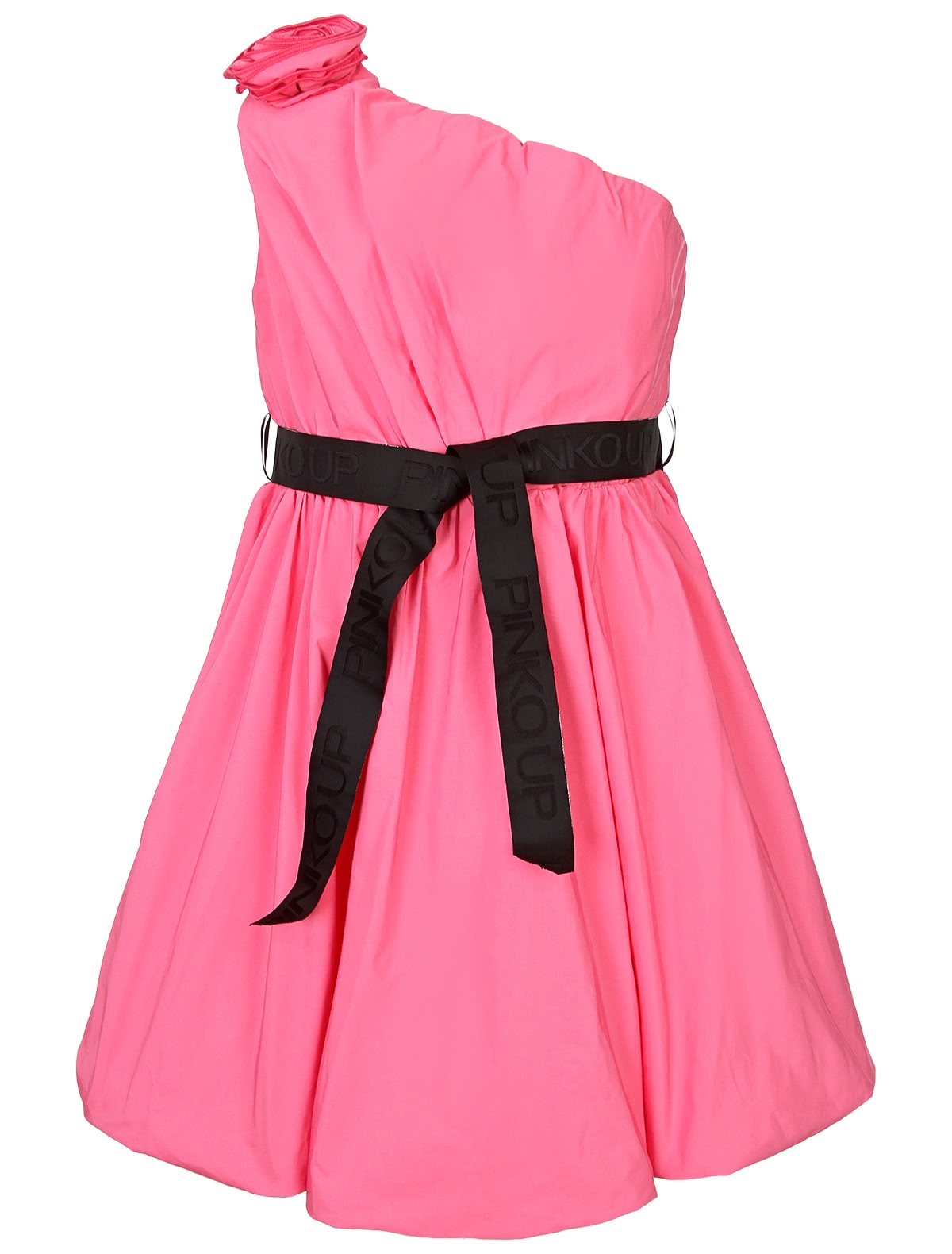 Розовое платье с поясом на одно плечо