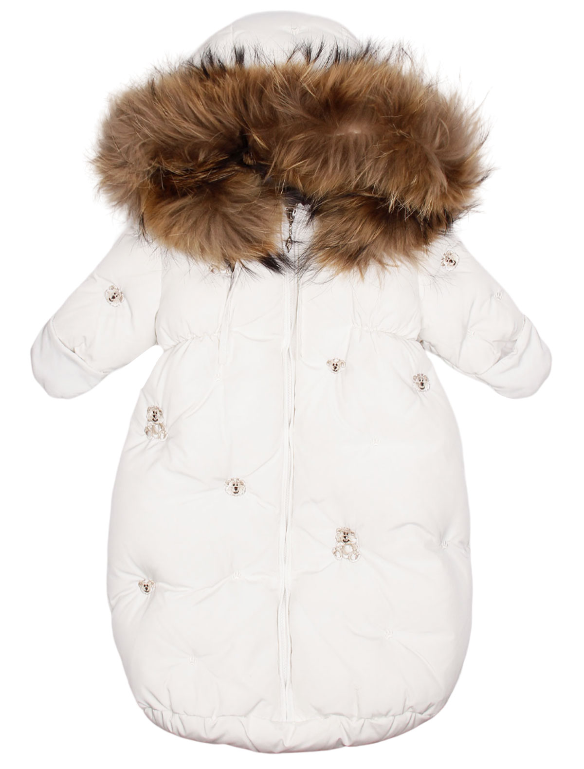 Белый пуховый конверт с меховой отделкой