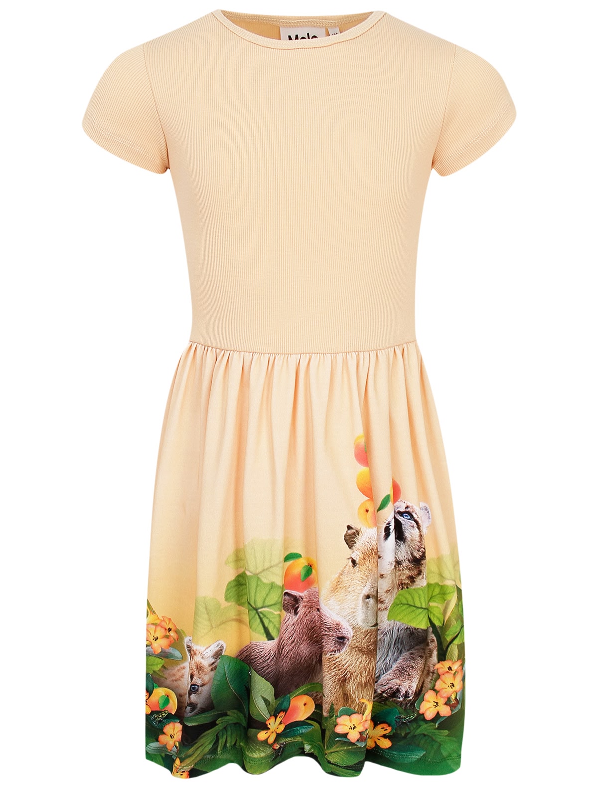 Персиковое платье с принтом на юбке