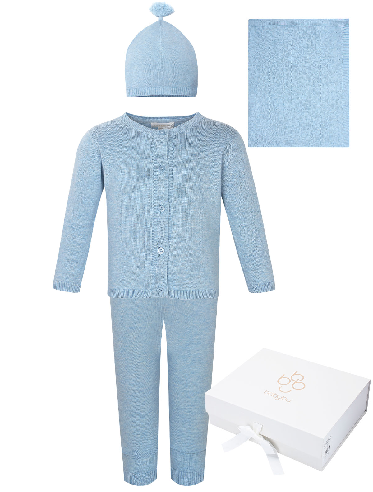 Комплект из брюк, кардигана, шапочки и пледа