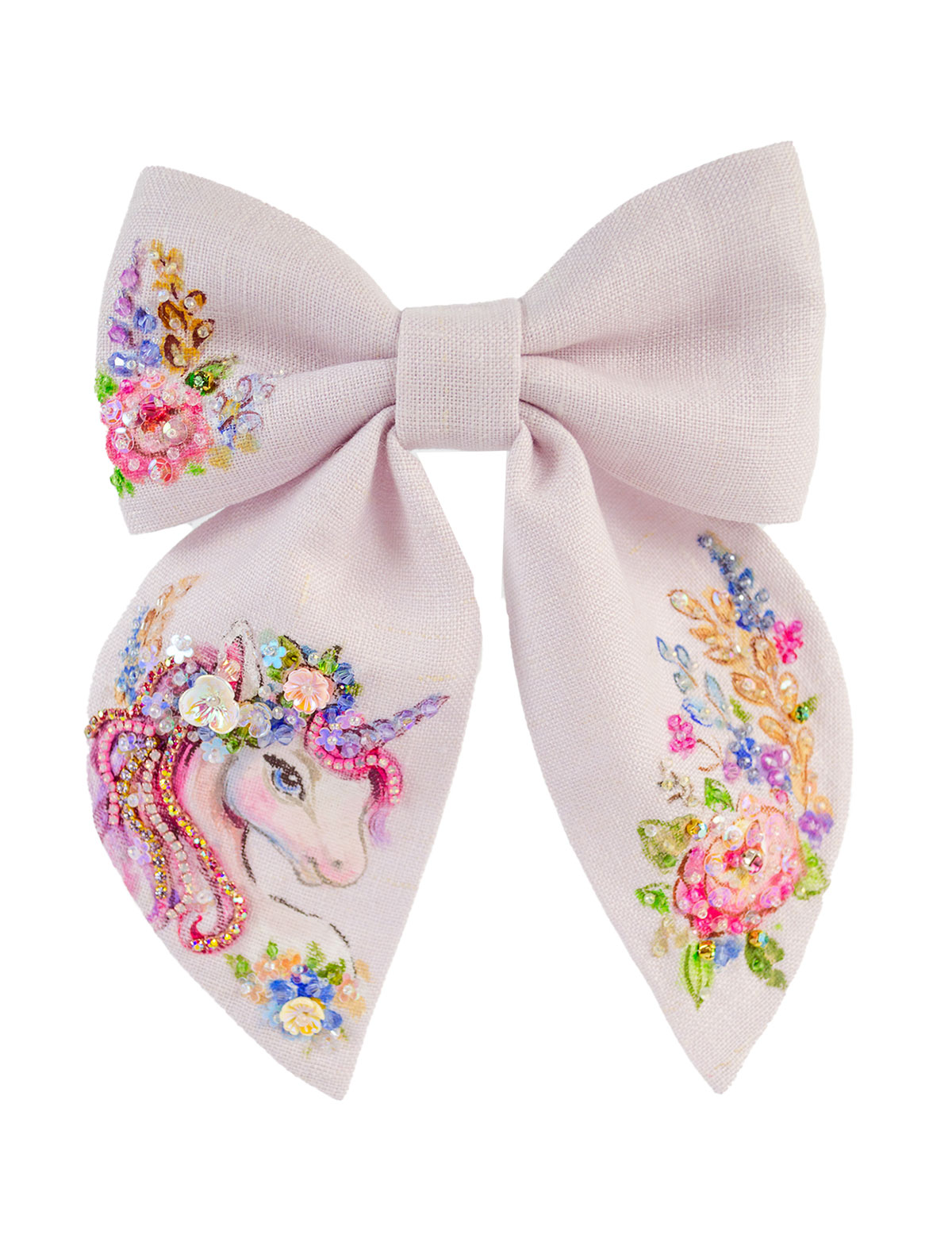 Сиреневый бант-заколка с единорогом