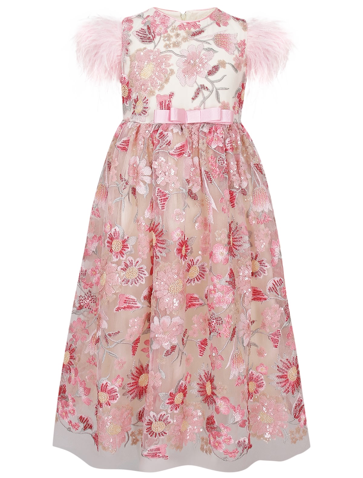Платье с вышивкой и декором из перьев