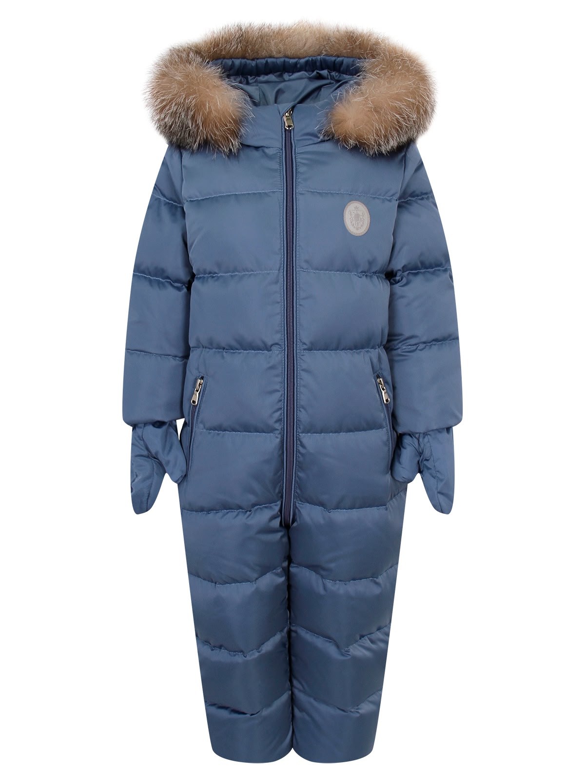 Синий пуховый комбинезон с варежками