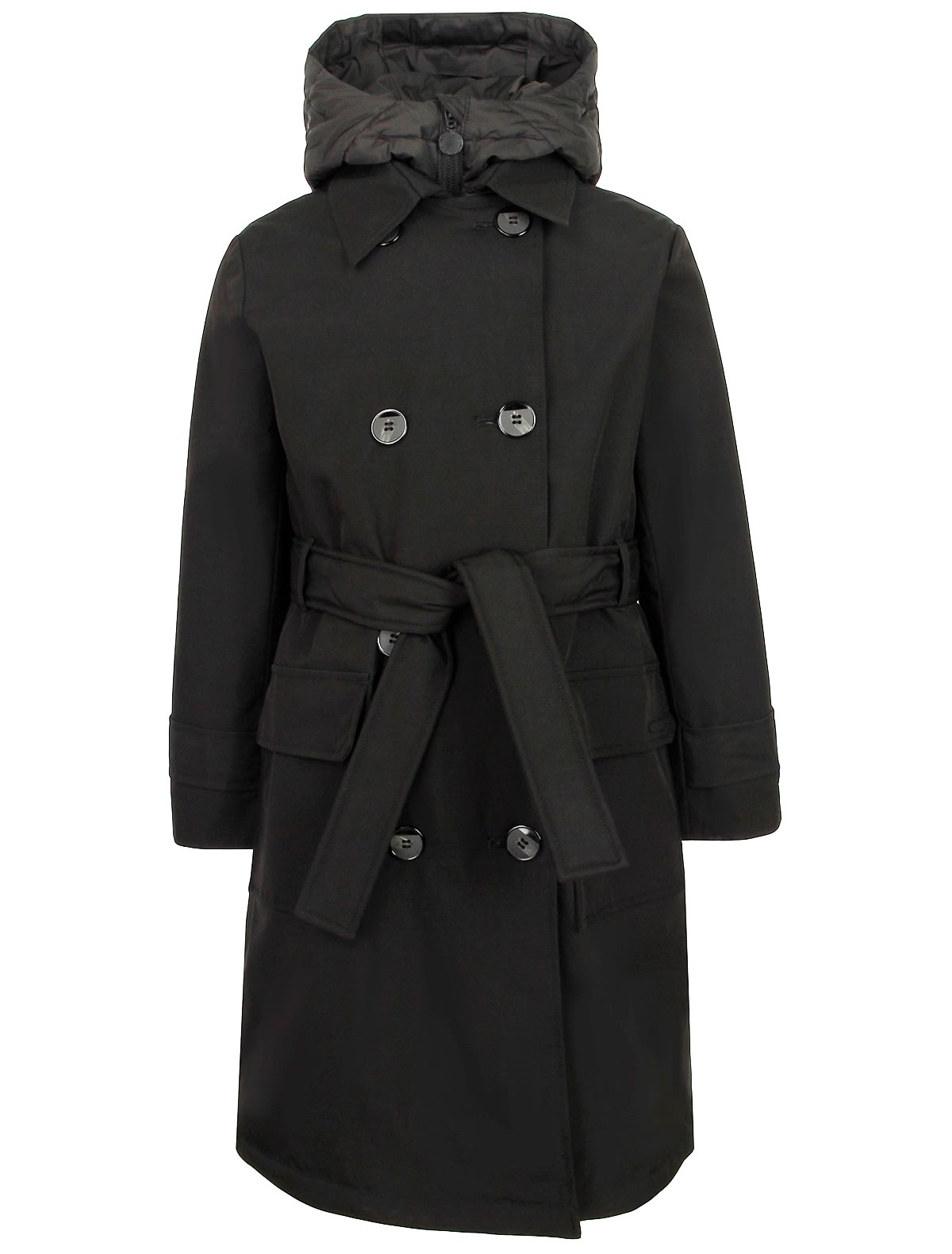 Черное двубортное пальто с поясом