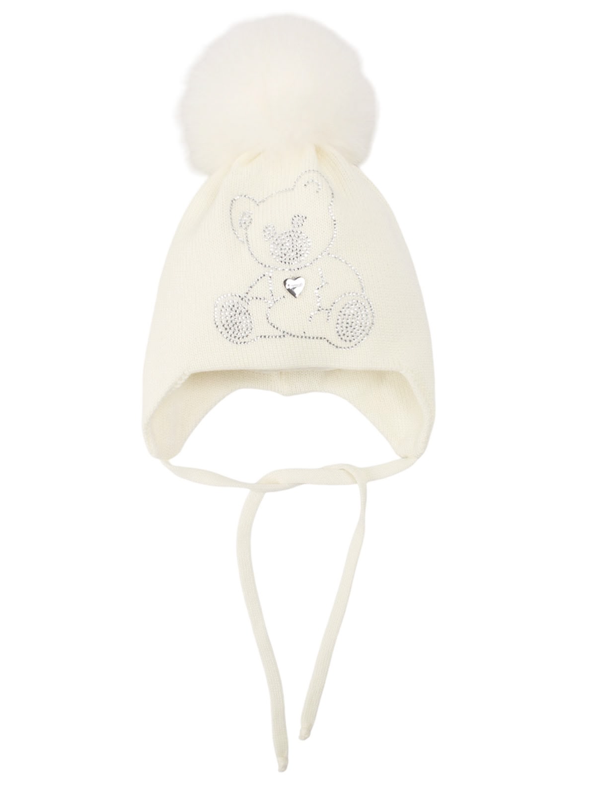 Кремовая шапка с медвежонком из стразов