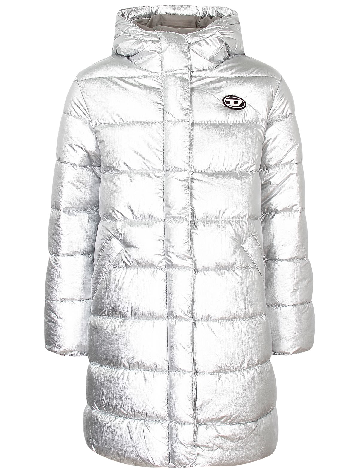 Серебристое стеганое пальто