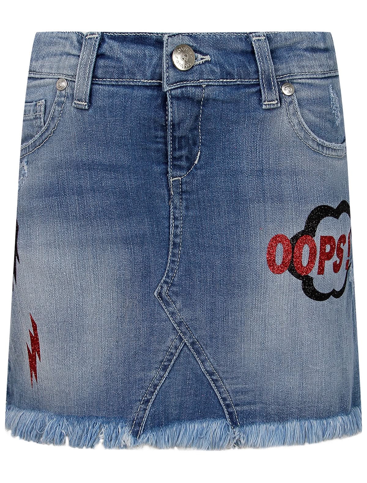 Джинсовая юбка с принтами и бахромой