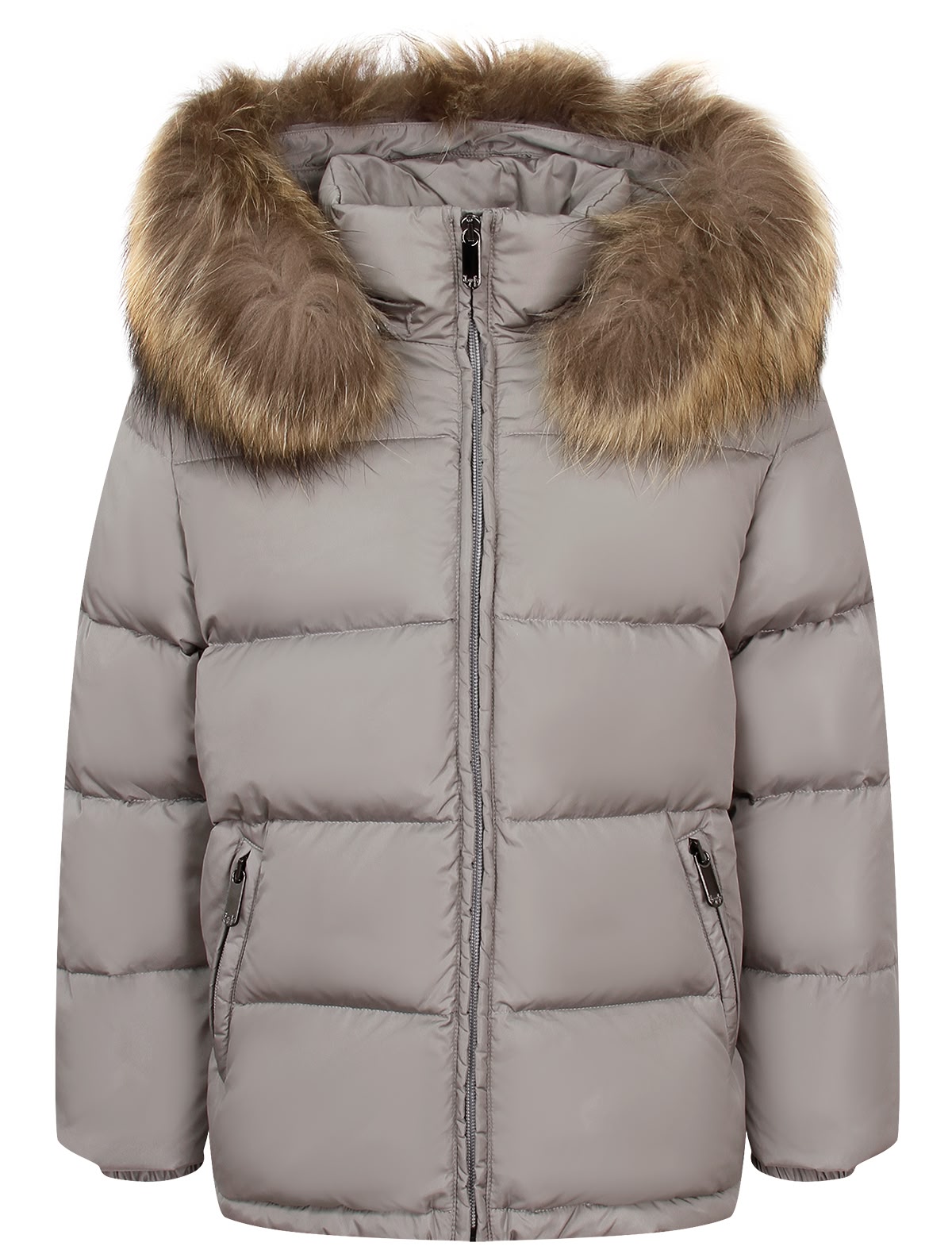 Серый пуховик с меховой отделкой