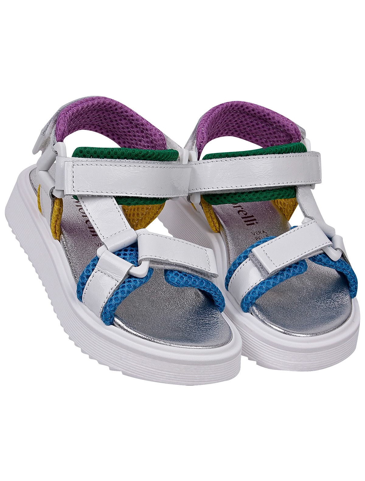 Белые босоножки с разноцветными текстильными вставками