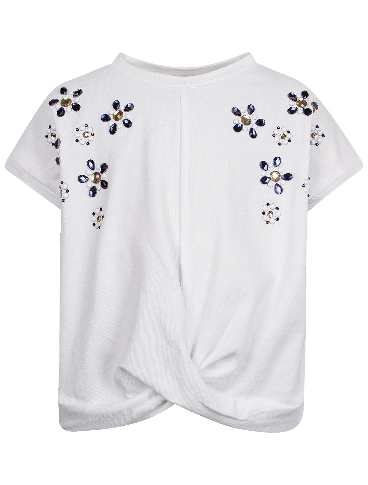Белая футболка с цветочками из кристаллов
