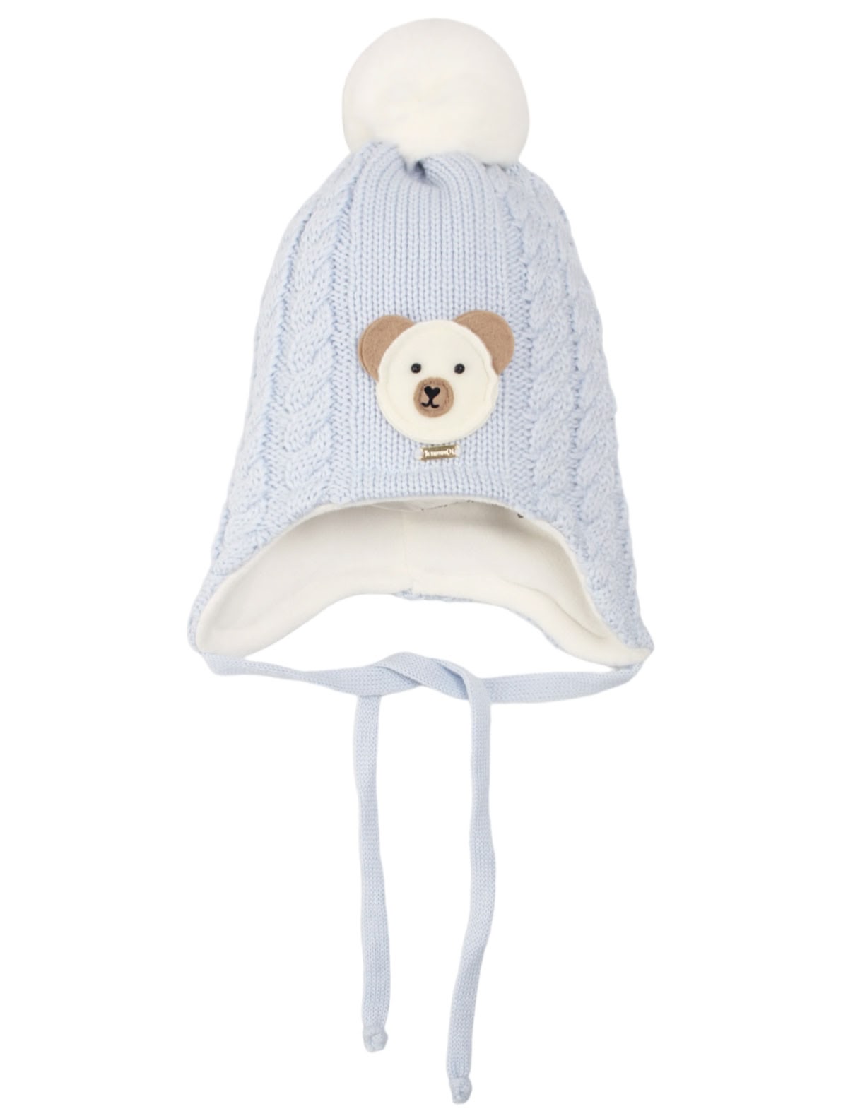 Голубая шапка из шерсти на завязках