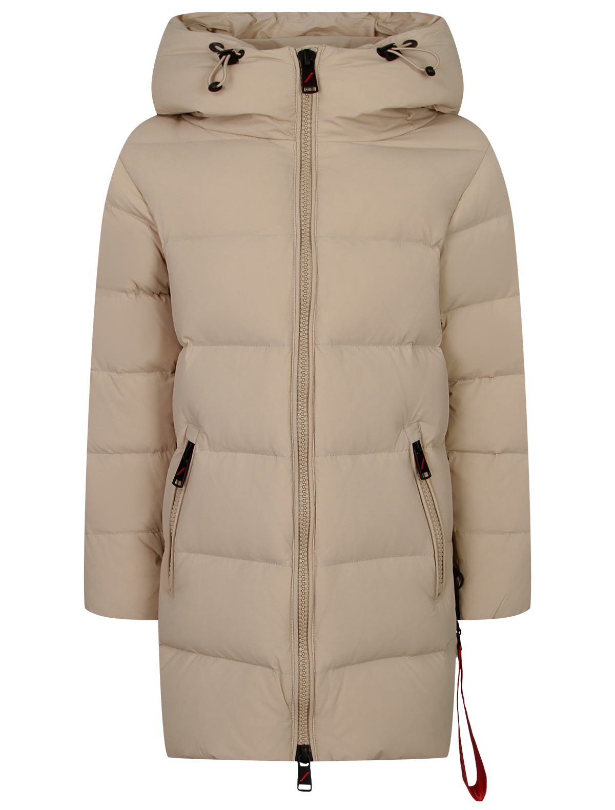 Пуховое пальто бежевого цвета