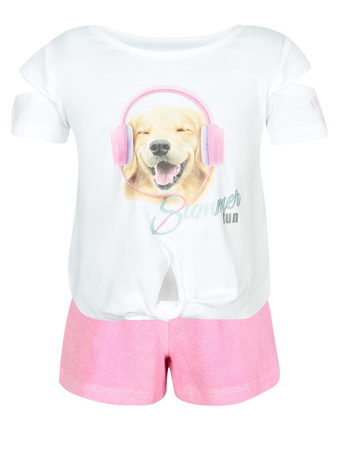 Комплект из футболки с собачкой и разрезами и шорт