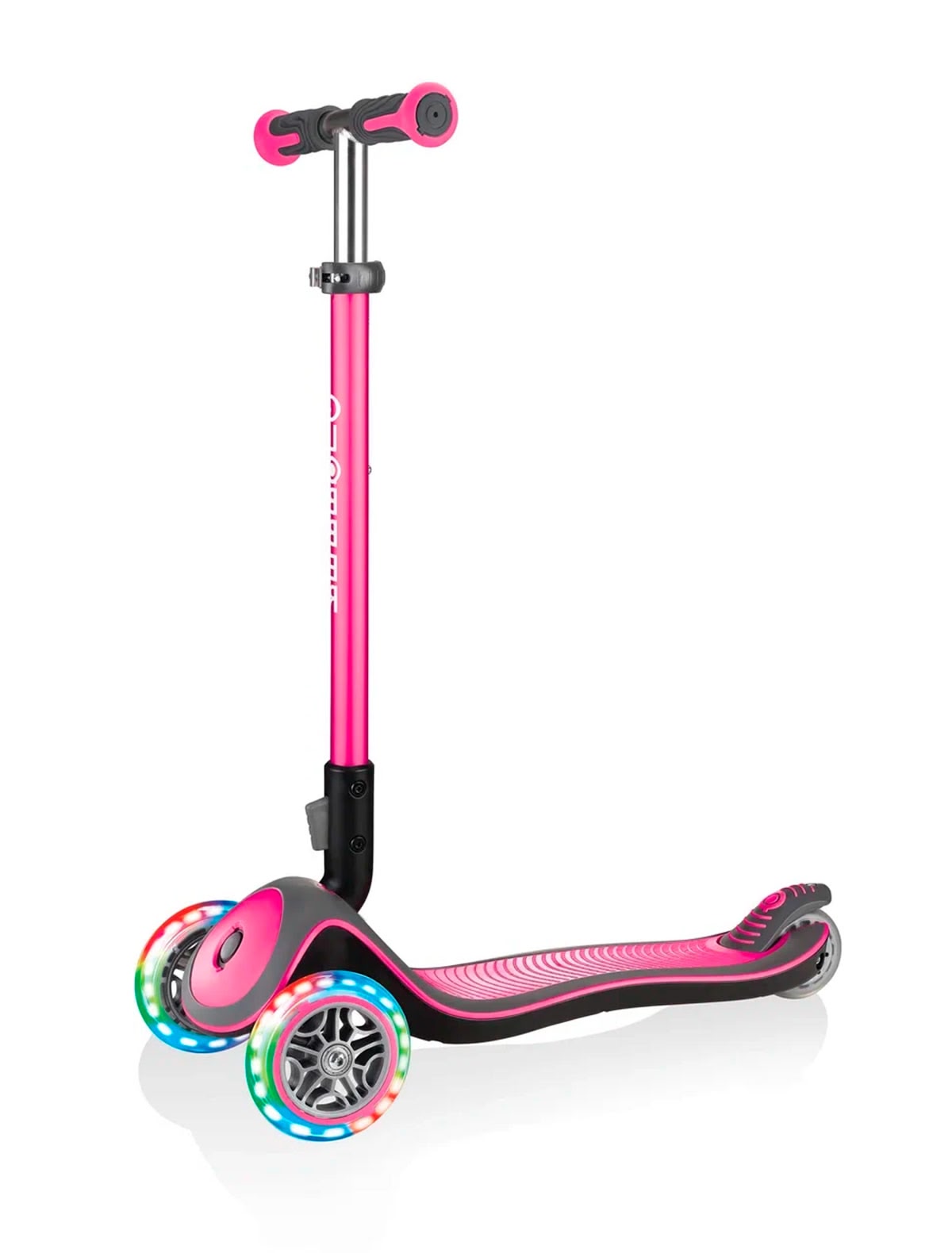 Розовый самокат с разноцветными колесами