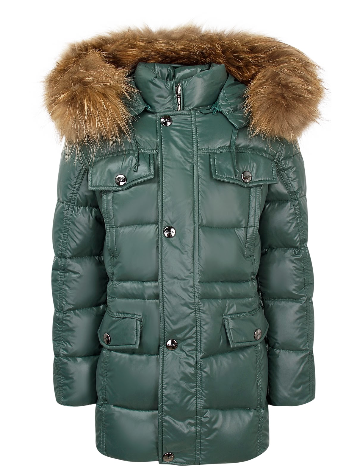Зелёный пуховик с меховой отделкой