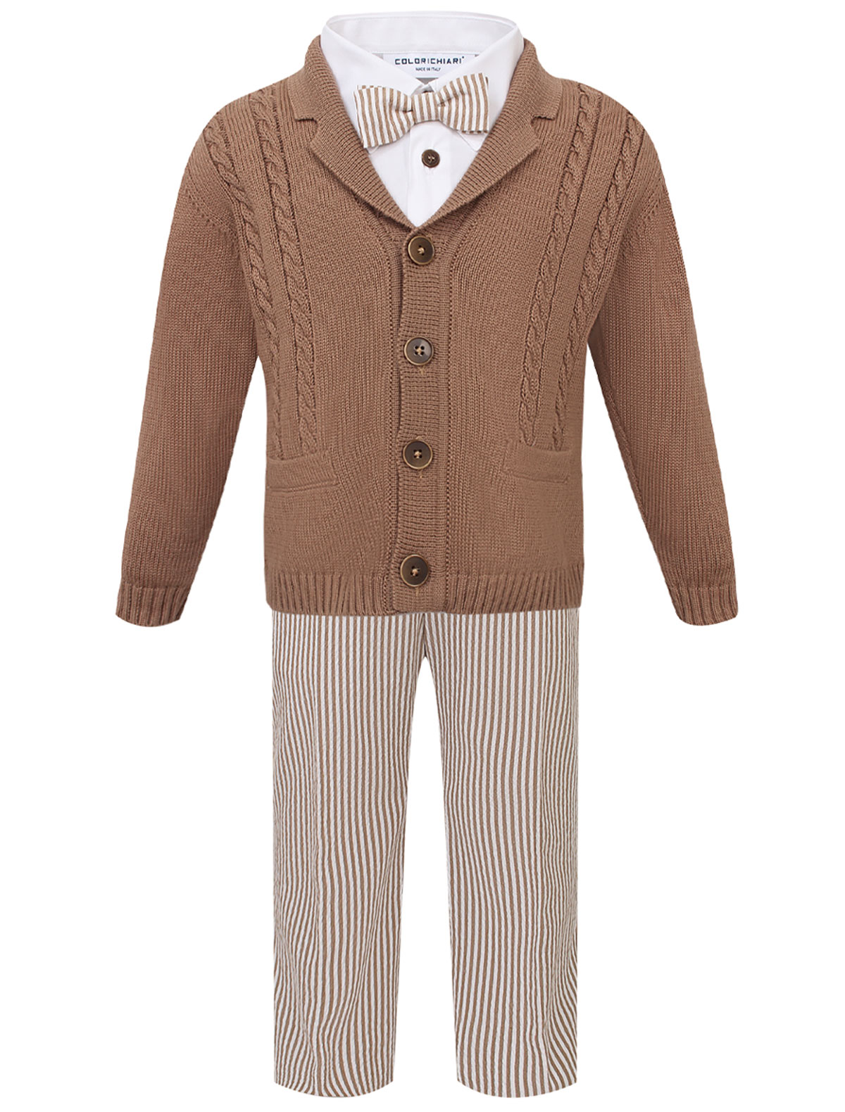 Комплект из брюк, рубашки, бабочки и коричневого кардигана