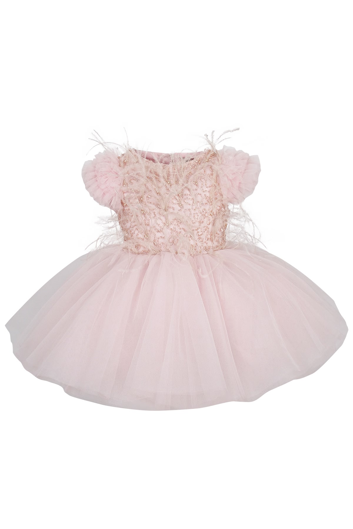 Платье с вышивкой и декором из перьев