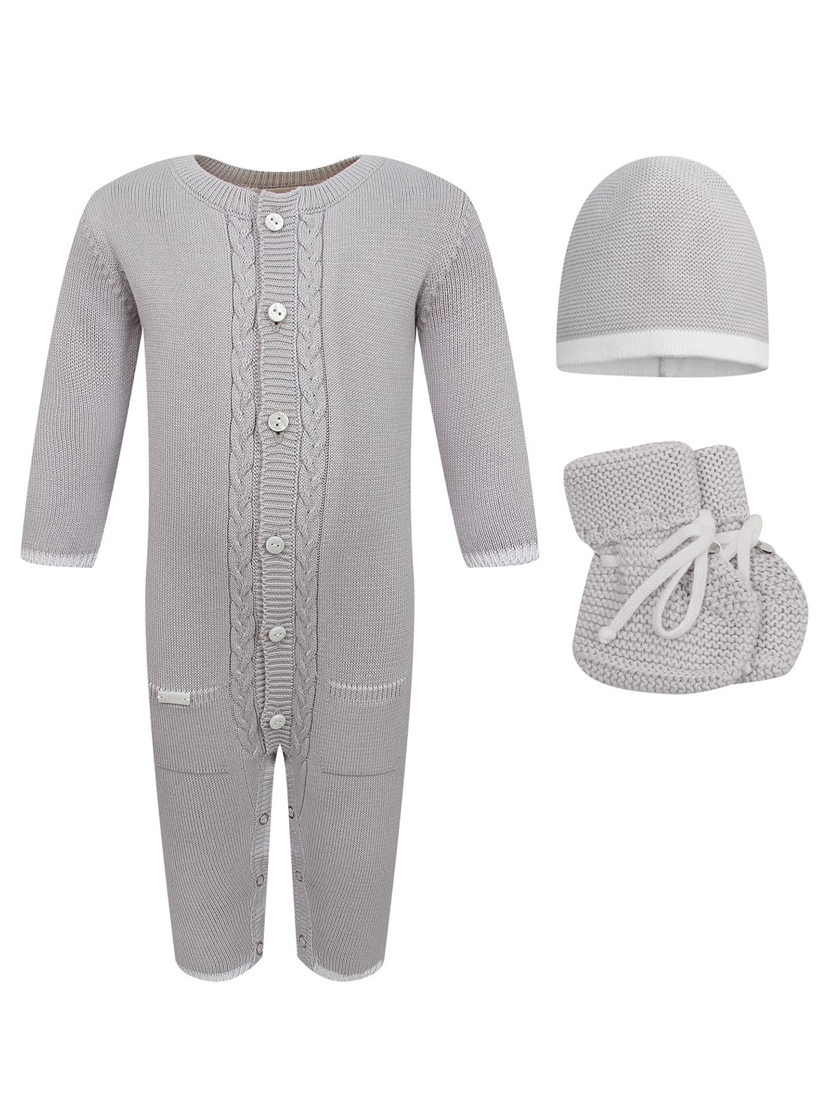 Серый хлопковый комплект из комбинезона, пинеток и шапочки