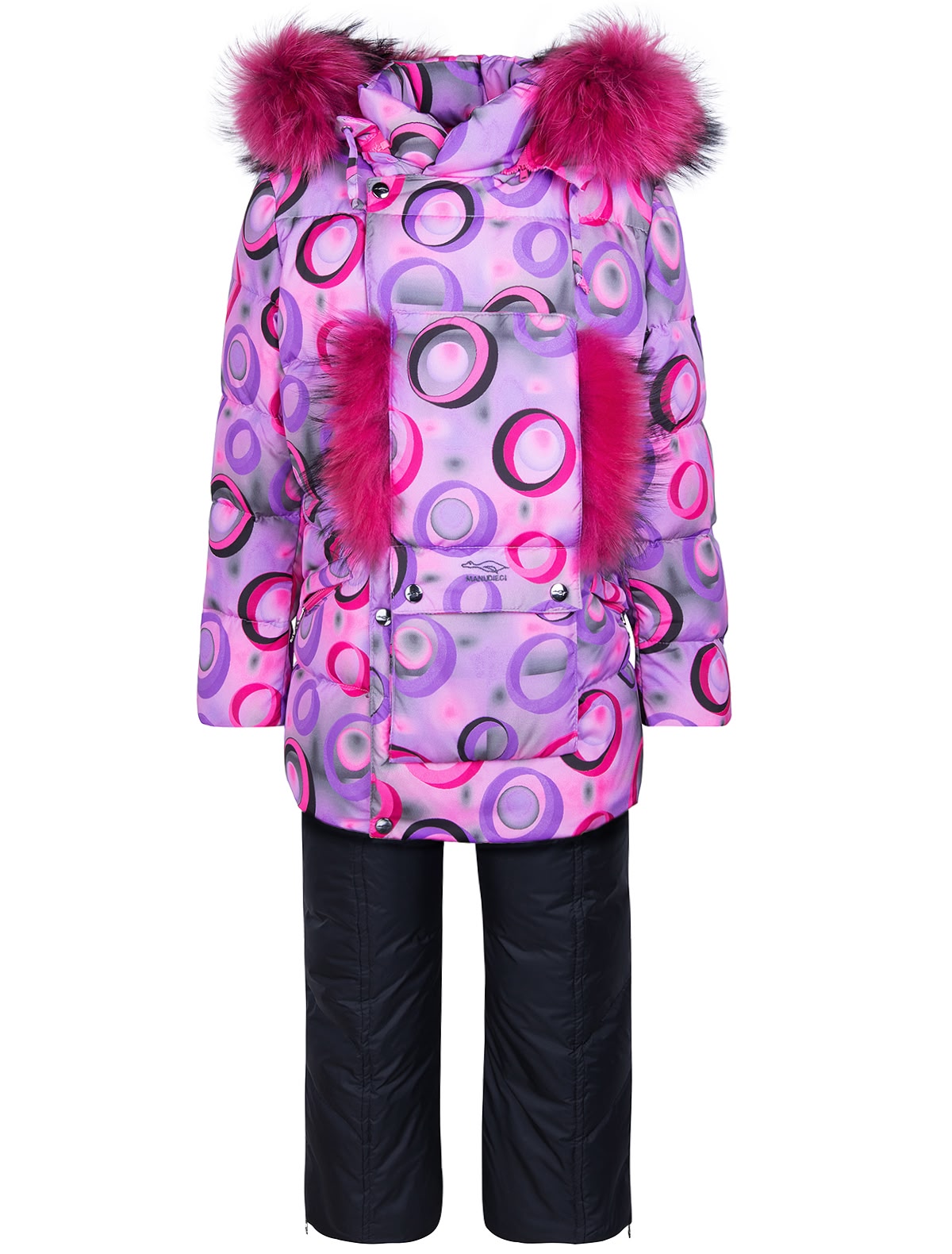 Розовый пуховой комплект с меховой отделкой