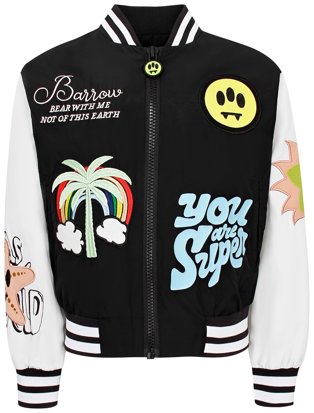 Черно-белый бомбер с яркими принтами