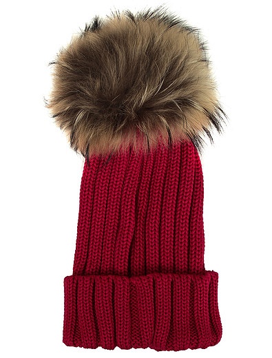 Красная шерстянная шапка с помпоном из натурального меха Regina - 1354509080636 - Фото 3