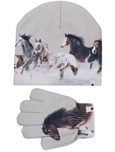 Комплект из шапки и перчаток с лошадками MOLO - 3004509280151 - Фото 1