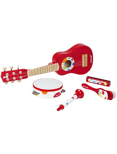 Набор музыкальных инструментов; красный: гитара, бубен, губная гармошка, дудочка, трещотка JANOD - 7131329981367 - Фото 1