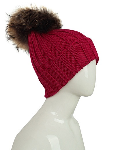 Красная шерстянная шапка с помпоном из натурального меха Regina - 1354509080636 - Фото 4