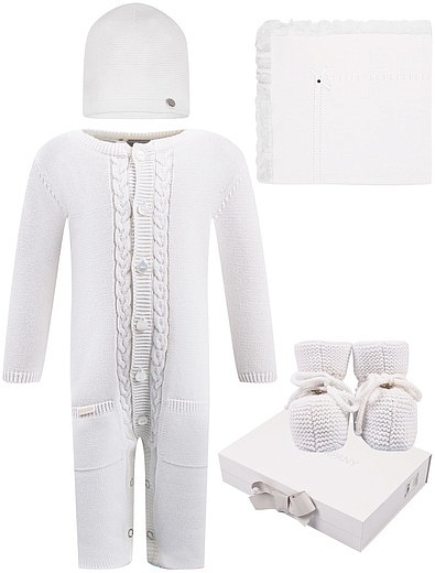 Белый хлопковый комплект из комбинезона, шапочки, носочек и пледа MIACOMPANY - 3044520180016 - Фото 1