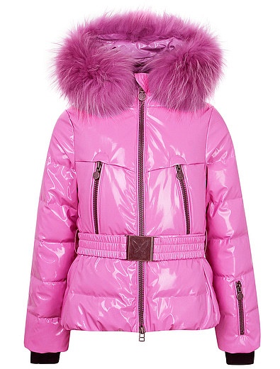 Розовая куртка с поясом и отделкой из меха енота NAUMI - 1072609980228 - Фото 1