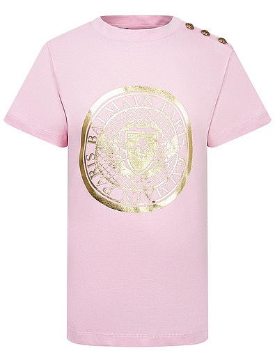 Розовая футболка с логотипом и пуговицами Balmain - 1134609174578 - Фото 1