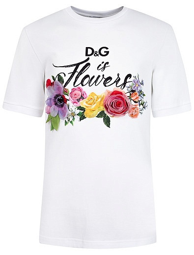 Футболка с цветочным принтом логотипа и аппликацией розы Dolce & Gabbana - 1131209971927 - Фото 1