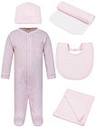 Розовый комплект из комбинезона,шапочки, слюнявчика, полотенца и пеленки - 3044500170037