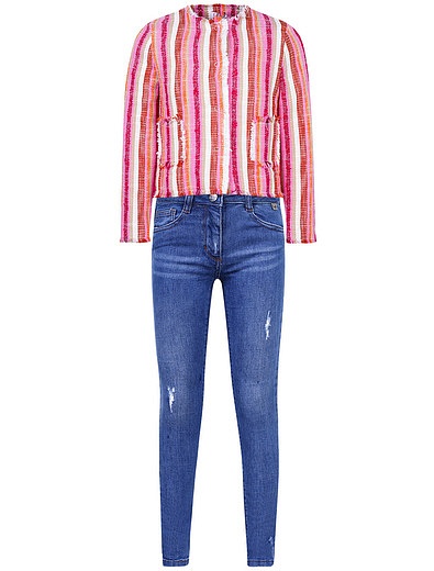 Комплект из джинсов, футболки с принтом и жакета в яркую полоску Il Gufo - 3032509871352 - Фото 1