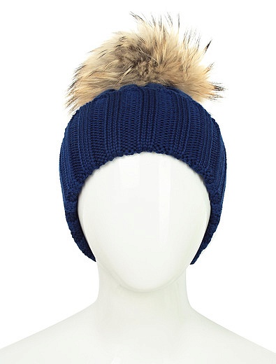 Синяя шерстянная шапка с помпоном из натурального меха Regina - 1354509080650 - Фото 2