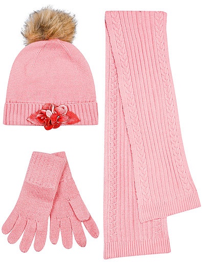 Комплект из шапки, шарфа и перчаток розового цвета Mayoral - 3004508180254 - Фото 1