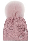 Розовая ажурная шапка с меховым помпоном - 1354509081954