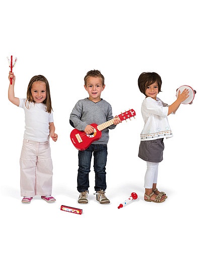 Набор музыкальных инструментов; красный: гитара, бубен, губная гармошка, дудочка, трещотка JANOD - 7131329981367 - Фото 2