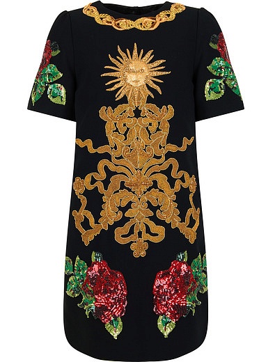 Черное платье с аппликацией и декором из пайеток Dolce & Gabbana - 1051109780316 - Фото 1
