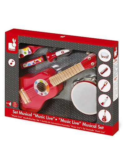 Набор музыкальных инструментов; красный: гитара, бубен, губная гармошка, дудочка, трещотка JANOD - 7131329981367 - Фото 3