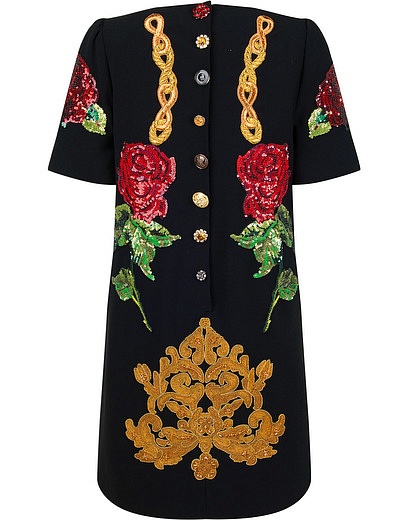 Черное платье с аппликацией и декором из пайеток Dolce & Gabbana - 1051109780316 - Фото 3