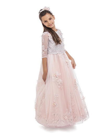 Пышное платье в пол с длинным рукавом, кружевным верхом и с вышивкой нежных цветов Lesy - 1054509071428 - Фото 4