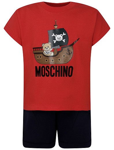 Хлопковый комплект из футболки с принтом и шорт Moschino - 3024519170600 - Фото 1